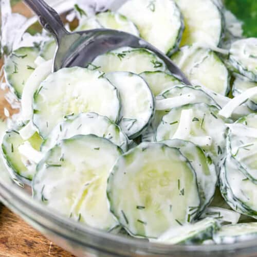 close up of Creamy Cucumber Salad in a bowl