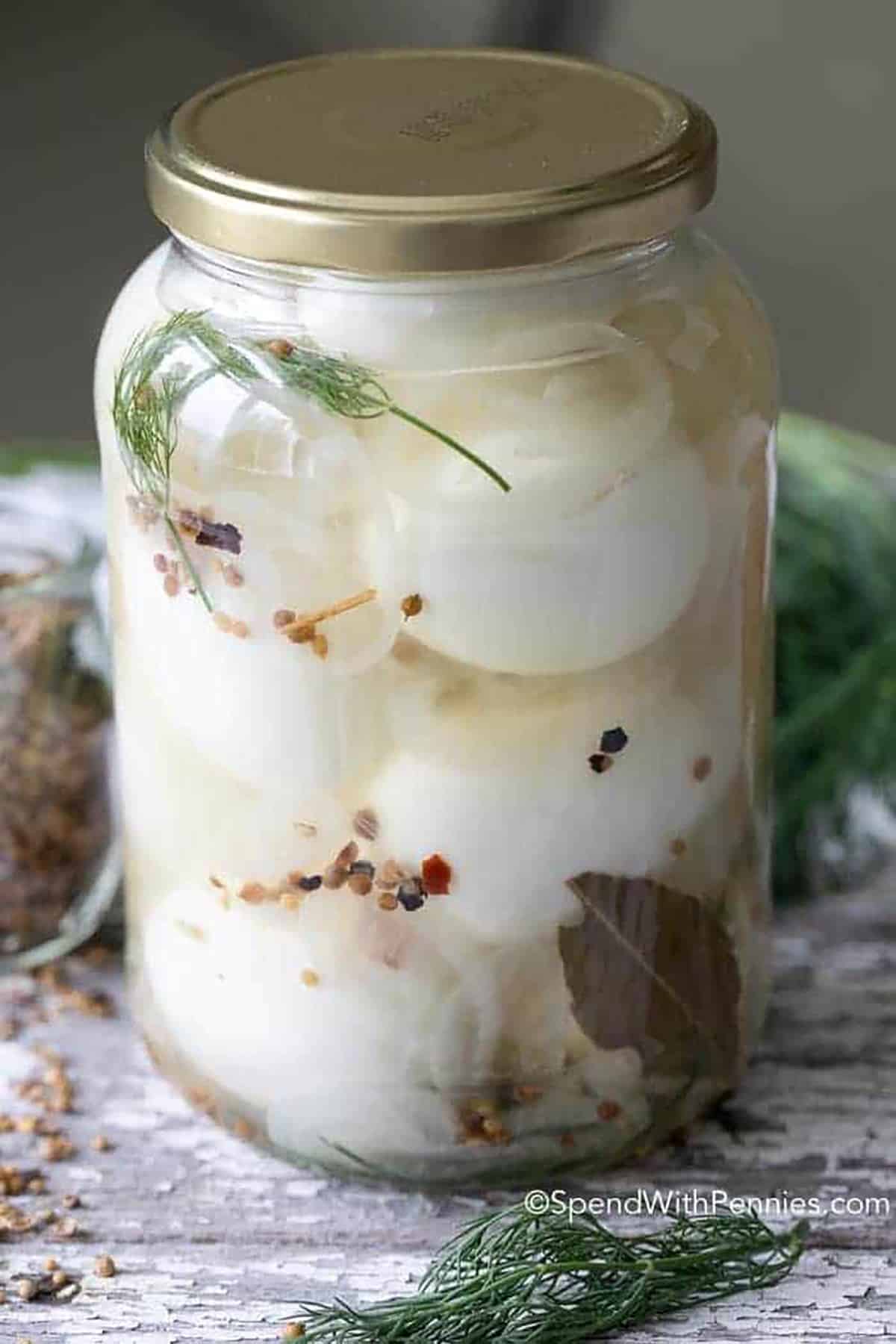 These easy pickled eggs are a delicious and healthy snack that everyone will enjoy! With no canning required, this recipe contains just the right combination of sweet, sour and salty. These Pickled Eggs are the perfect on the go snack or a yummy sandwich filling! #pickledeggs #pickledeggrecipe #nocanning #recipe Easy Pickled Eggs in a jar