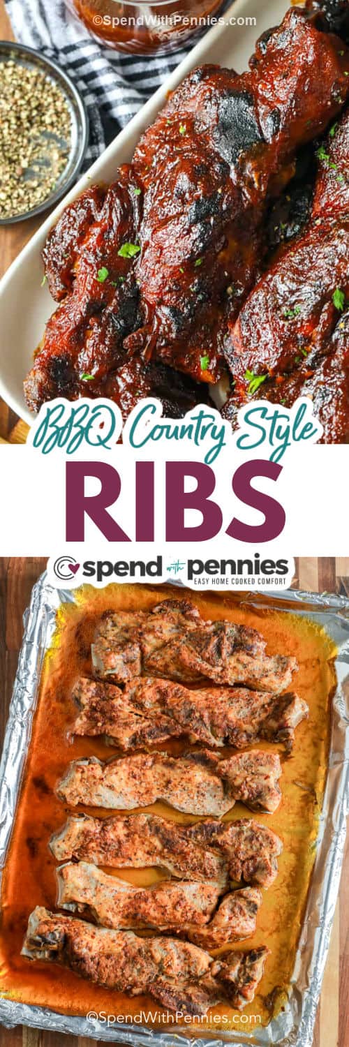 These country style ribs are sure to disappear like magic right before your eyes! Succulent, tender, and juicy, country-style pork or beef ribs are always a favorite at any gathering. These are slow-cooked in the oven for the best tasting entree at the potluck! Just coat with rib rub, bake, then smother them with BBQ sauce, and continue baking. Keep warm in a Crock Pot or Instant Pot set to warm. #countrystyleribs #countrystyleporkribs #ovenbakedrecipe #spendwithpennies cooked ribs and plated BBQ Country Style Ribs with a title