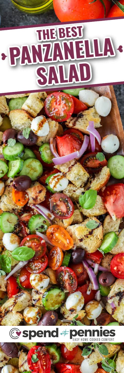 wooden board with Easy Panzanella Salad and writing