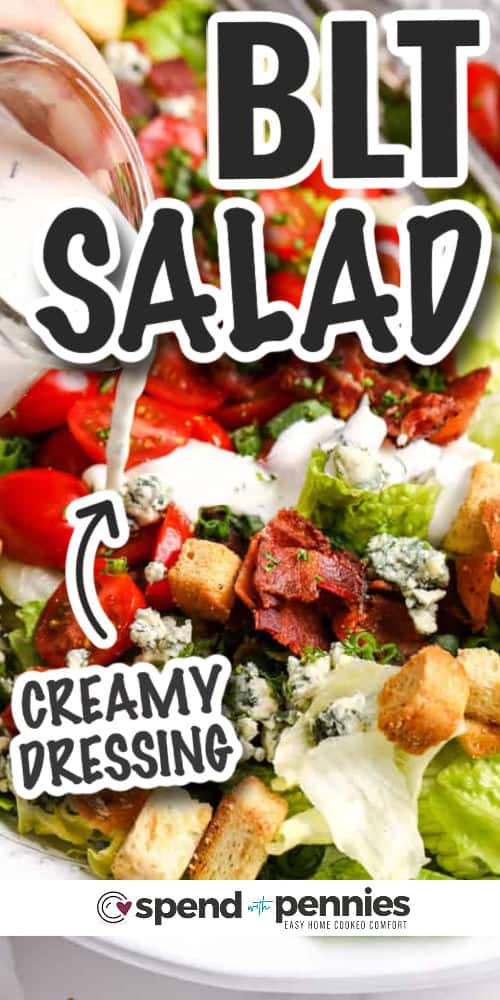 A tasty twist on the classic sandwich, BLT Salad combines crisp lettuce, juicy tomatoes and tasty bacon with a creamy dressing. It's a fresh and delicious choice for a light lunch or as a side dish that will keep your taste buds happy! #bltsalad #blt #salad #recipe #spendwithpennies BLT salad and creamy dressing with lettering