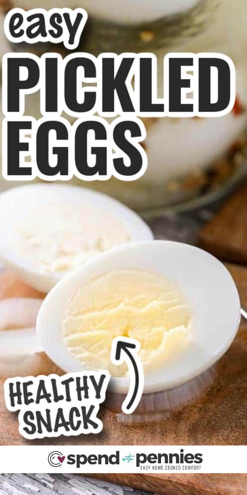 These easy pickled eggs are a yummy and healthy snack that everyone will love! You don't need to can them, and they have the perfect mix of sweet, sour, and salty flavors. Whether you're on the go or want a tasty sandwich filling, these Pickled Eggs are just right! #pickledeggs #pickledeggrecipe #nocanning #recipe Egg cut in half with writing for Easy Pickled Eggs