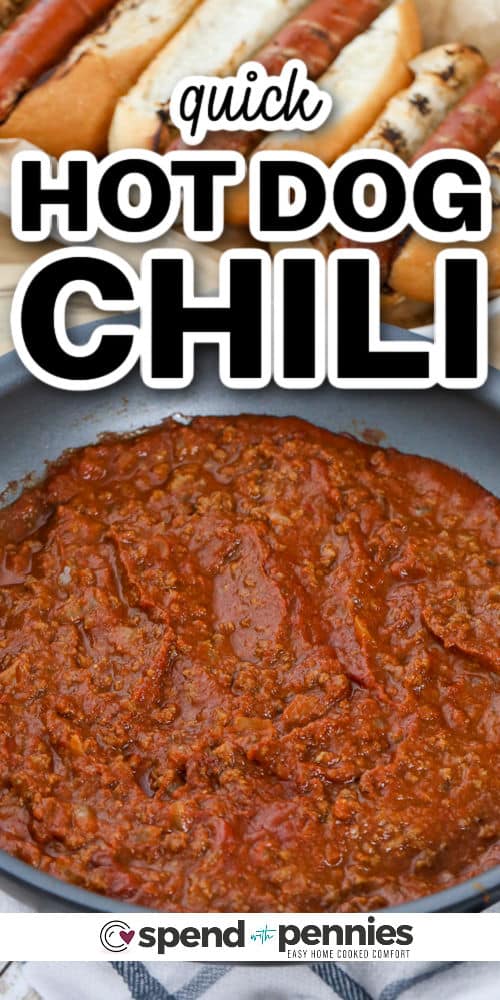 Chili dog sauce is a delicious and tangy topping that adds flavor to hot dogs. Made with ground beef, spices, and tomato sauce, it has a rich and savory taste. It’s perfect for adding a kick to your hot dog! #chilisauce #hotdogchilisauce #condiment #hotdogchili #spendwithpennies Quick Hot Dog Chili in the pan with writing