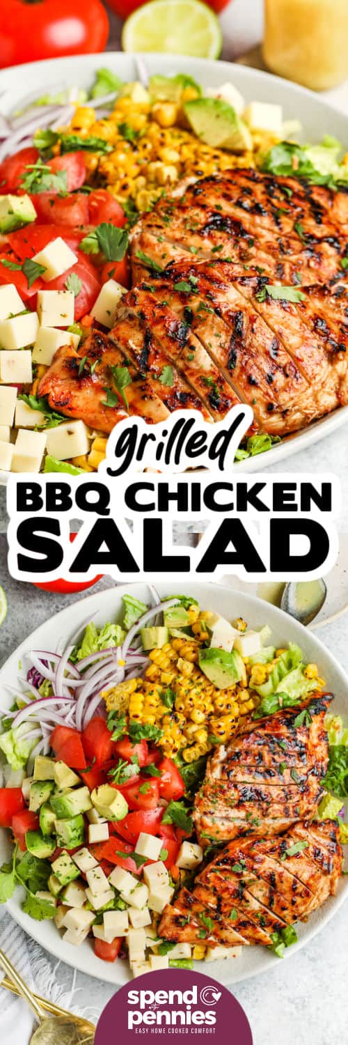 Make this grilled chicken salad recipe for a mouth-watering addition to the dinner menu. Nothing beats tender and juicy low-calorie grilled chicken seasoned with BBQ sauce and then tossed with a colorful salad. Cook like a pro with this easy to make recipe. #grilledchickensalad #grilledchickensaladrecipe #chickensalad #spendwithpennies Grilled Chicken Salad on a plate and close up with a title