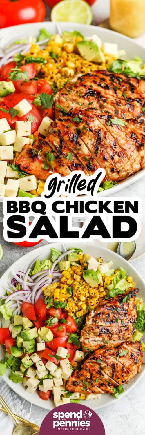 Grilled Chicken Salad on a plate and close up with a title