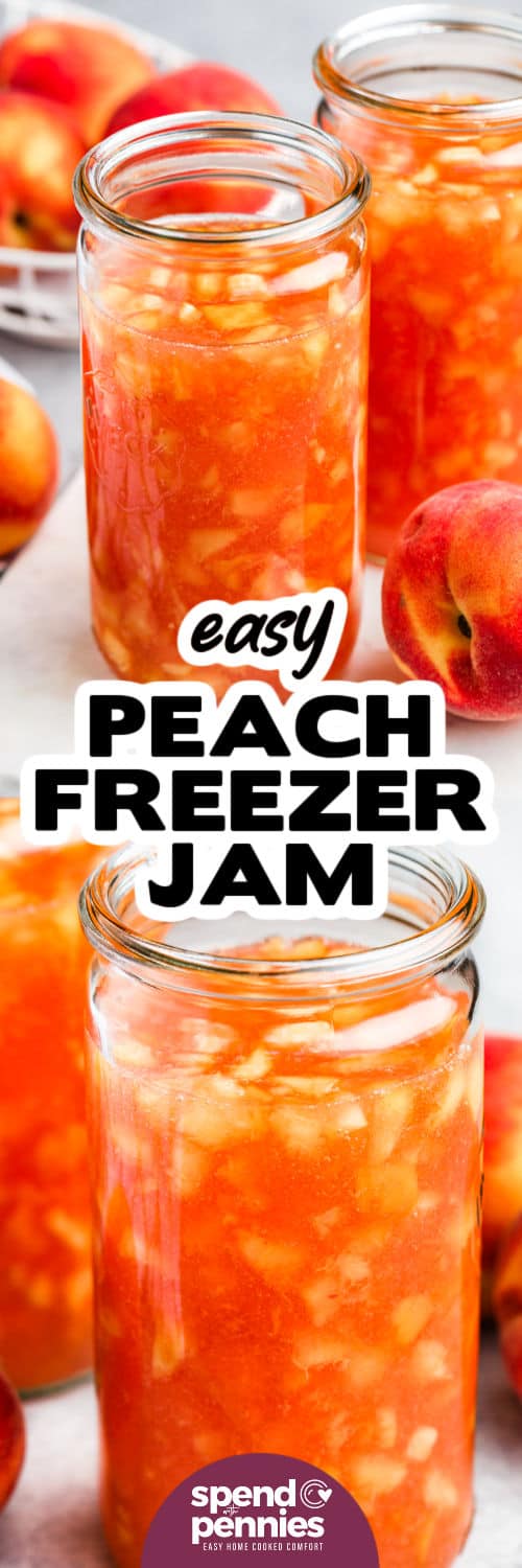The family will love topping their morning toast with this sweet peach jam. In this recipe, peaches are pitted, peeled, and mashed. Then they are mixed with pectin, sugar, and lemon juice. Pour the mixture into jars, and place in the refrigerator for a few weeks, or freeze for up to a year. Enjoy the harvest all year long with thi s easy to make recipe! #peachjam #freezerjam #peachfreezerjam #spendwithpennies Peach Freezer Jam in jars and close up with a title