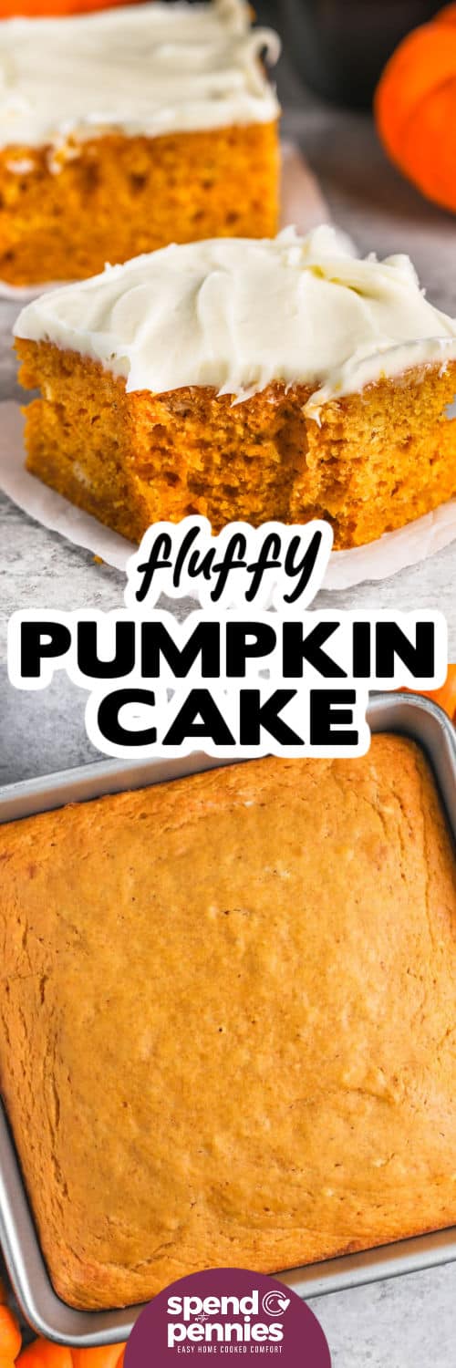 This recipe for pumpkin cake uses only one cup of puree so use the leftovers for pumpkin pie dip or pumpkin butter. The batter uses basic pantry ingredients like all-purpose flour and granulated sugar. It's easy to make homemade pumpkin pie spice. Make a batch and keep it in the pantry for months! #pumpkincake #pumpkincakerecipe #easypumpkinspicecake #spendwithpennies
Pumpkin Cake baked in the pan and slice with a bite taken out with a title