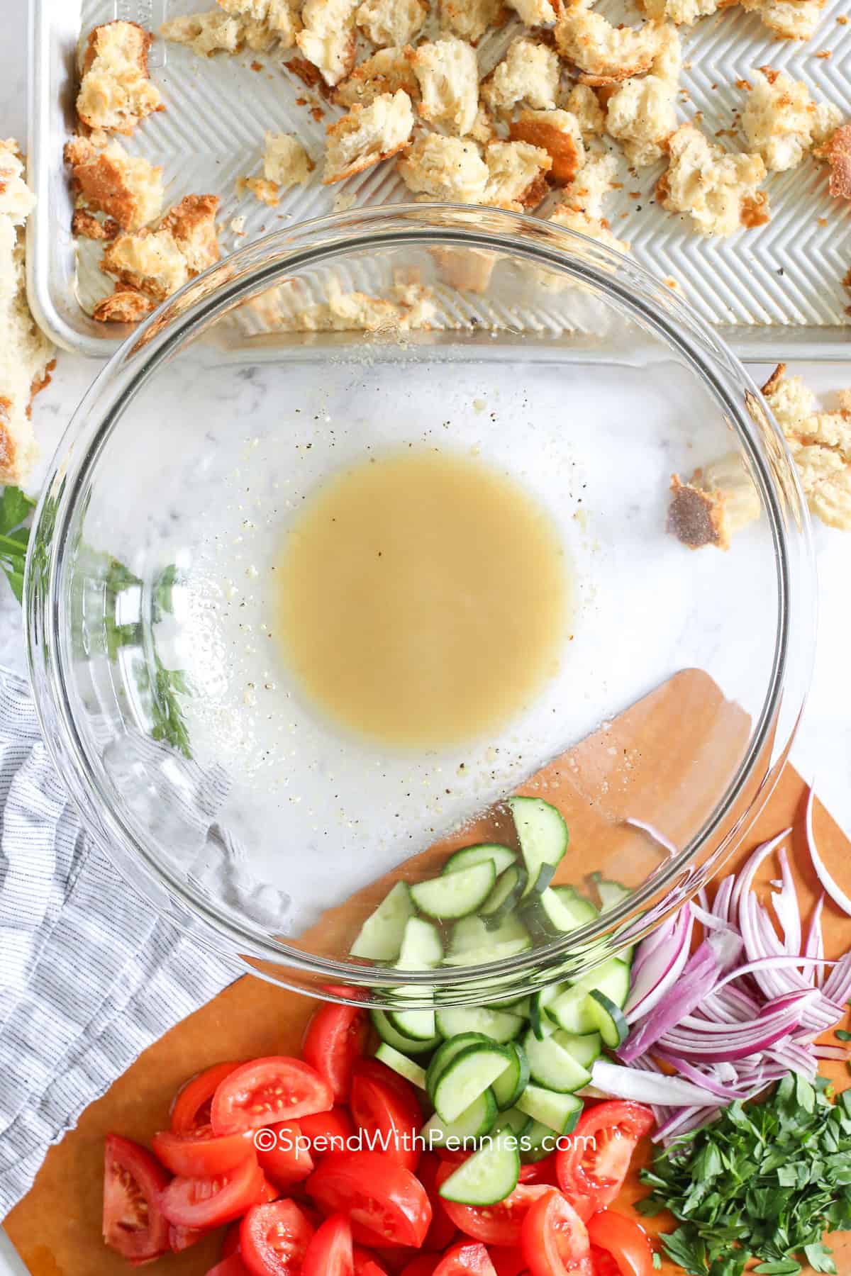 dressing in a bowl for panzanella salad