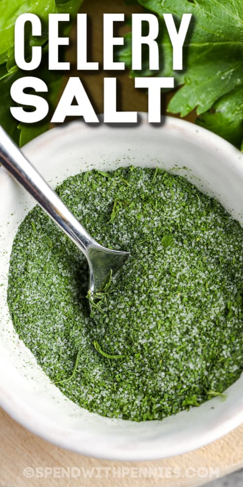 Make this DIY celery salt recipe to use in all your favorite recipes, from soups and salads, to sandwiches and entrees. Homemade celery salt is a great way to use up the celery leaves on stalks of fresh celery, instead of letting them go to waste. This spice mix adds an extra layer of flavor to so many dishes, and it tastes great in a cocktail, too! #celerysalt #celerysaltdiy #homemade #spendwithpennies celery salt in a white bowl with text