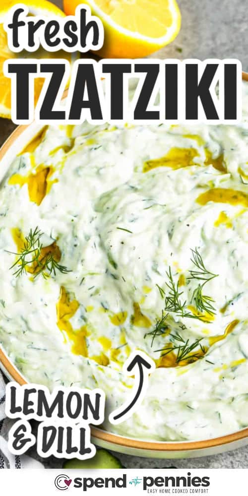 Level up so many dishes with this easy tzatziki recipe. Shredded cucumbers, dill, sour cream or Greek yogurt, lemon juice, and garlic are the easy ingredients that are perfectly balanced in this recipe. Create the ideal condiment for summer with this tangy and refreshing sauce that goes with everything from meat dishes to roasted vegetables. #tzatzikirecipe #tzatiki #easy #spendwithpennies Easy Tzatziki Recipe with a title