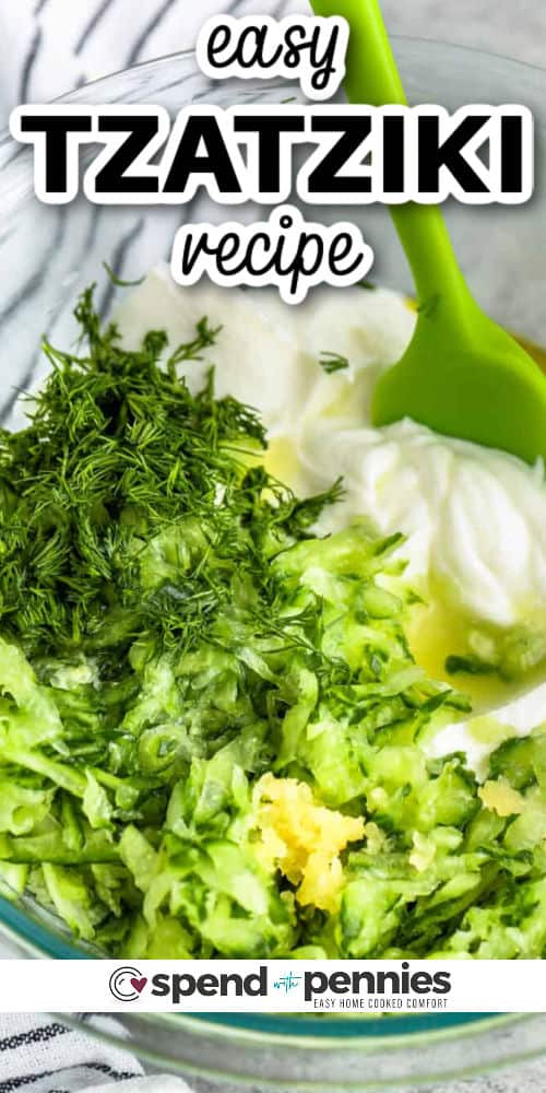 This easy tzatziki recipe works as a tangy dip for vegetables or pita chips, and it's also great drizzled on chicken, lamb, fish, or even burgers and hot dogs! Greek tzatziki is the perfect summer condiment to have on hand for salads or sandwiches. Drizzle some on a wrap or have it on a fish taco. So many options! #tzatzikirecipe #tzatiki #easy #spendwithpennies mixing ingredients to make Easy Tzatziki Recipe with writing