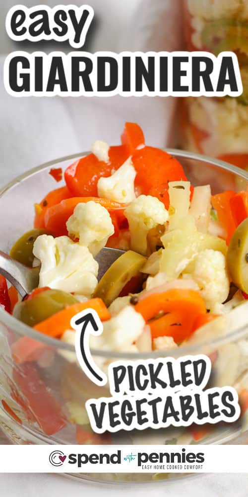 Giardiniera is a tasty mix of fresh veggies that are soaked in flavorful spices until they all blend together. Make it either spicy or mild by adding more or fewer spices! #giardiniera #condiment #italian #spendwithpennies plated Giardiniera with writing