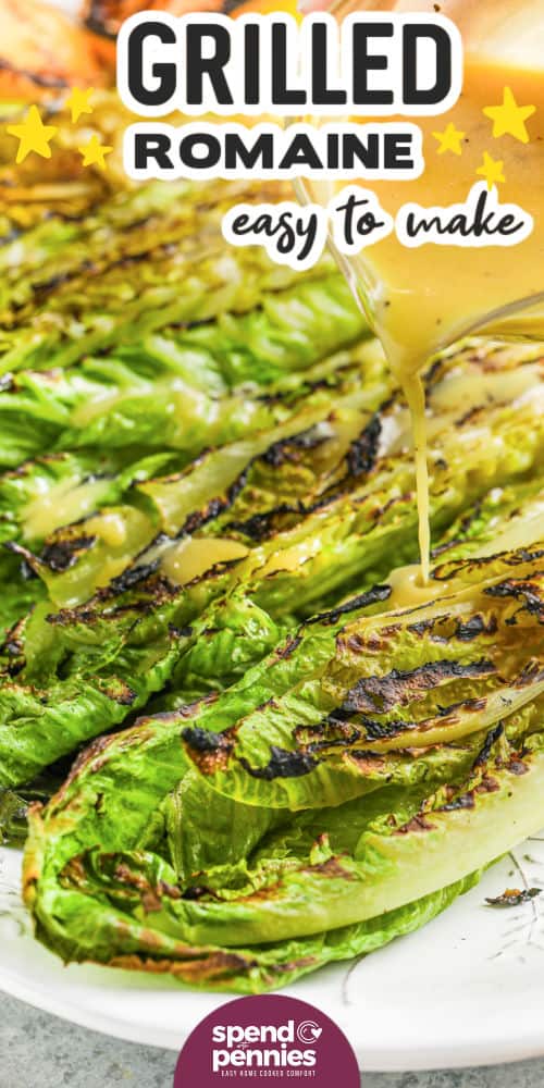 It won't take long to make this grilled romaine recipe. Whether this grilled romaine salad is made on the BBQ or in the oven, this is sure to become a summertime favorite. To make this salad, slice the romaine, grill, and then drizzle with some parmesan cheese, lemon, and a homemade vinaigrette. Finish it off with some crispy croutons, or even add a sprinkling of crumbled bacon. #grilledromaine #grilledromainelettuce #grilledromainesalad #spendwithpennies close up of Grilled Romaine with dressing on a plate with a title