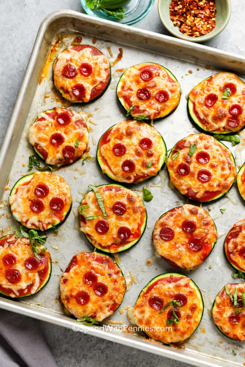 zucchini pizza bites on a pan