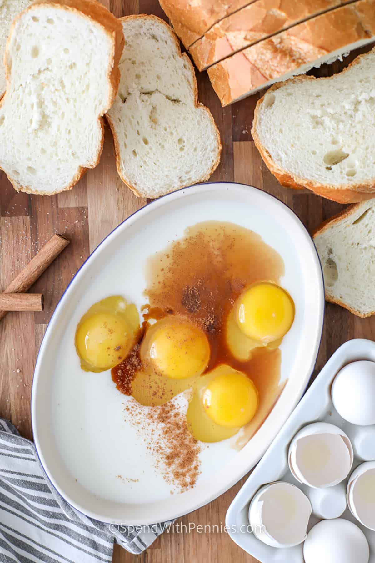 This French Toast recipe is an easy and delicious brunch option! With three main ingredients (eggs, bread, and milk), it doesn't get any easier than that! We like to add strawberries, blueberries, or whatever topping or spice is in season! Maple syrup and fresh whipped cream are great additions, too! #frenchtoast #breakfast #recipe #spendwithpennies ingredients to make french toast