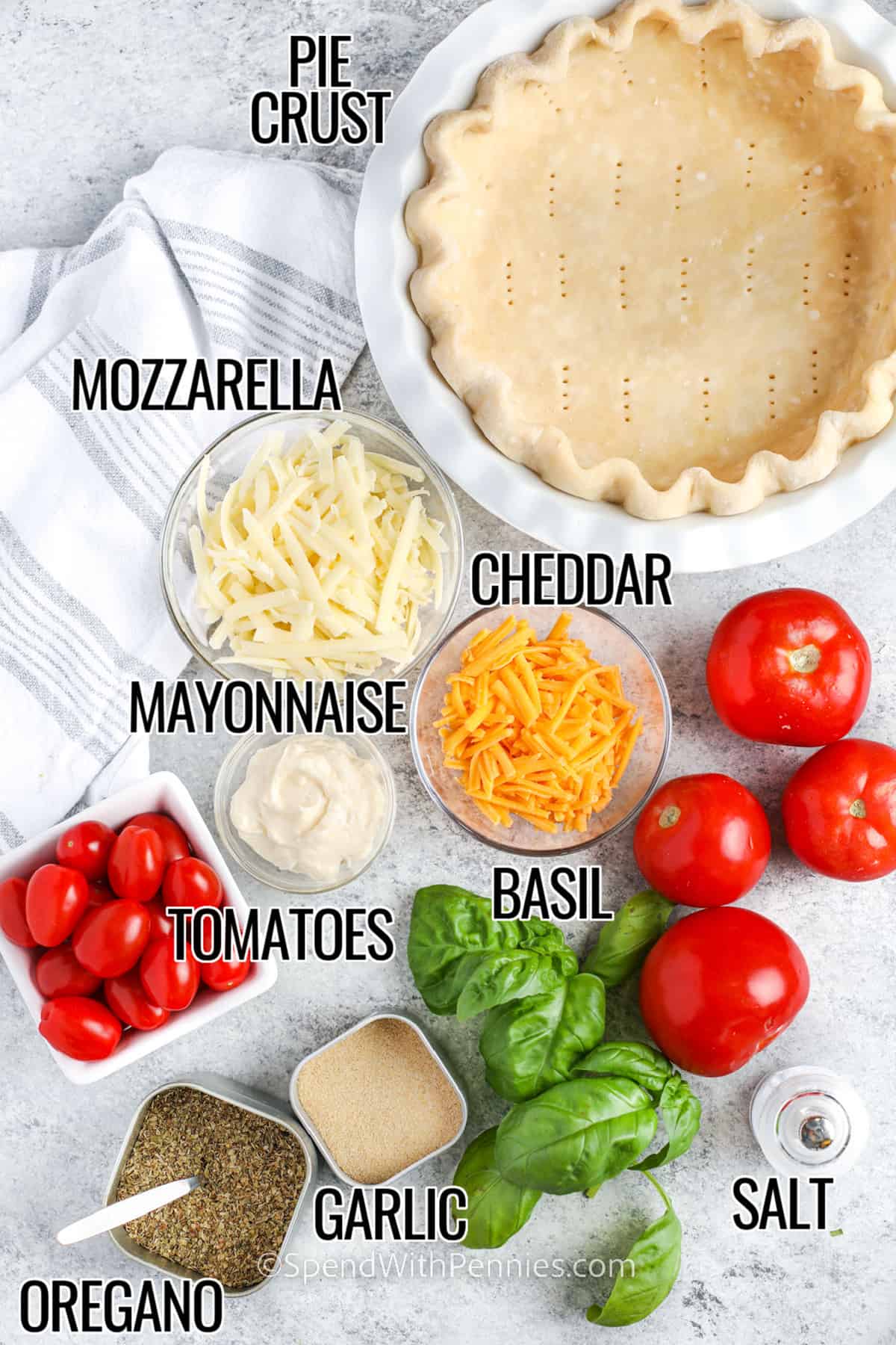 If you've never had tomato pie before, you're missing out! It tastes just like someone picked a pizza fresh from the garden. Flaky pie crust, plenty of homegrown tomatoes, and layers of cheddar and mozzarella cheese with garden basil? Yes, please. Even the kids can't get enough of this Southern tomato pie recipe. #tomatopie #tomatopierecipe #southerntomatopierecipe #spendwithpennies pie crust , mozzarella , cheddar , mayonnaise , tomatoes , basil , garlic , salt and oregano with labels to make Tomato Pie