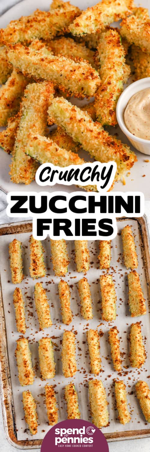 These crispy and delicious zucchini fries are easy and fun to make! This is the best way to use up that garden bounty with this easy recipe for baked zucchini fries. No need to deep fry using lots of oil, just a little oil and these are just as delicious and flavorful. Oven-baked zucchini fries are a surefire hit. Try making these with a low-carb keto batter, instead of Panko breadcrumbs, or stick with the recipe and enjoy the crispy goodness of homemade zucchini fries! #zucchinifries #crispyzucchinifries #bakedzucchinifries #spendwithpennies baked Crispy Zucchini Fries on a sheet pan an plated with a title