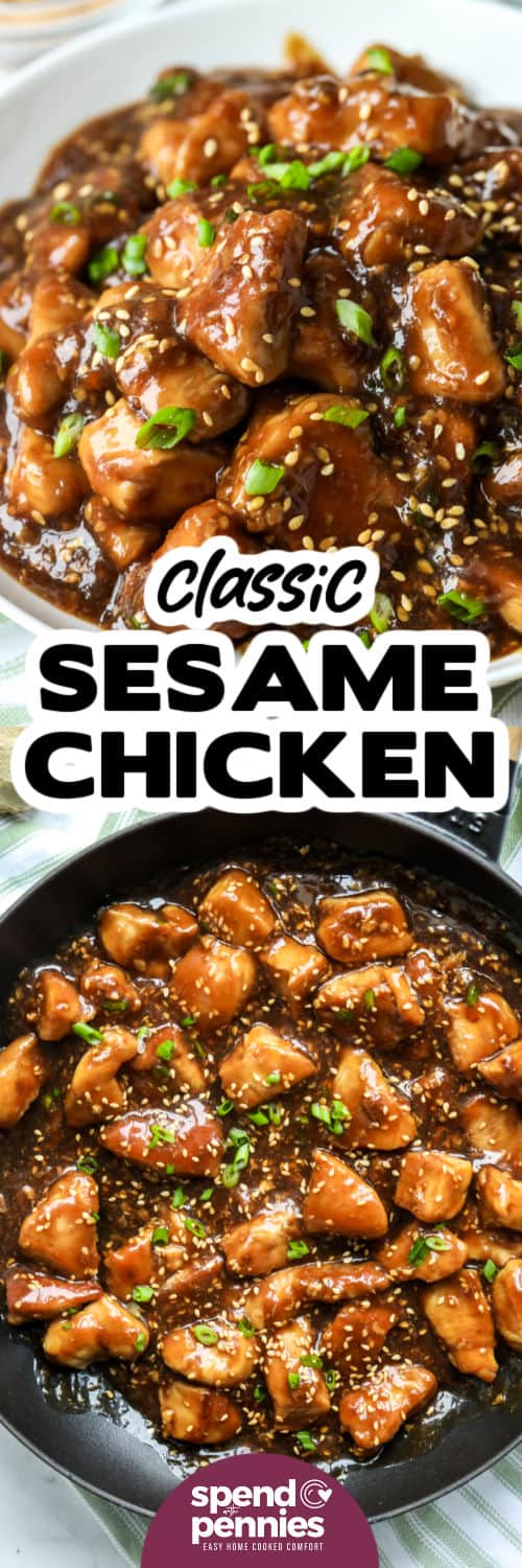 Sesame Chicken in the pan and plated with a title