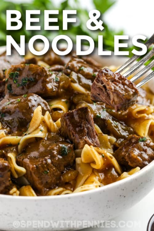 beef and noodles with text