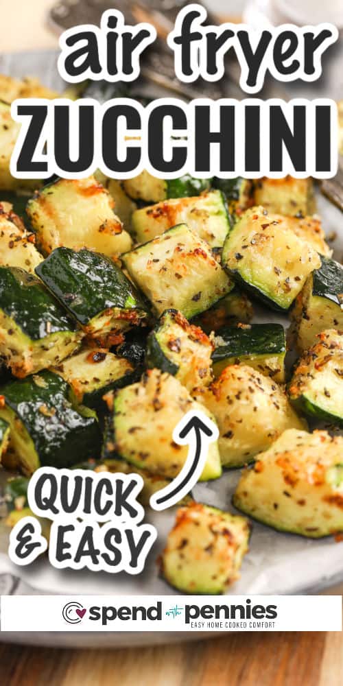 This Air Fryer Zucchini recipe is so versatile! Whether you're on a keto diet, vegan, or simply seeking a flavorful twist with Panko, the choice is yours to make. Brace yourself for a snack that's both crispy and addictive, it's nearly impossible to resist indulging in less than just one! #airfryerzucchini #zucchini #snack #sidedish #spendwithpennies close up of Air Fryer Zucchini on a plate with writing