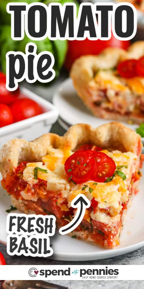 If summer had a flavor, it would taste just like this cheesy and savory tomato pie! When the weather starts to warm up, thoughts begin to drift to fresh produce. There is nothing quite like the taste of a fresh juicy tomato from the vine! This tomato pie recipe captures the essence of summer and blends it with an irresistible combination of mozzarella and cheddar cheese! #tomatopie #tomatopierecipe #southerntomatopierecipe #spendwithpennies plated slice of Tomato Pie with writing