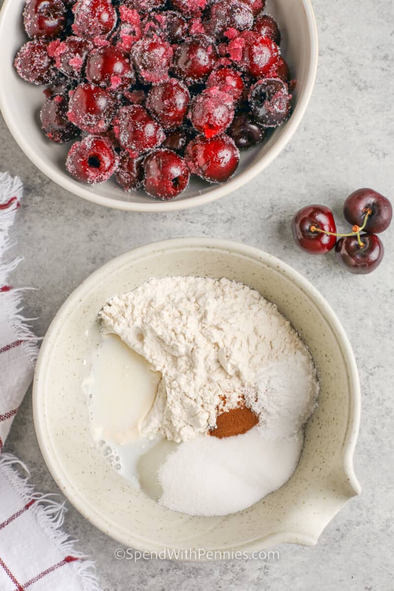 adding ingredients together to make cake topping for Cherry Cobbler