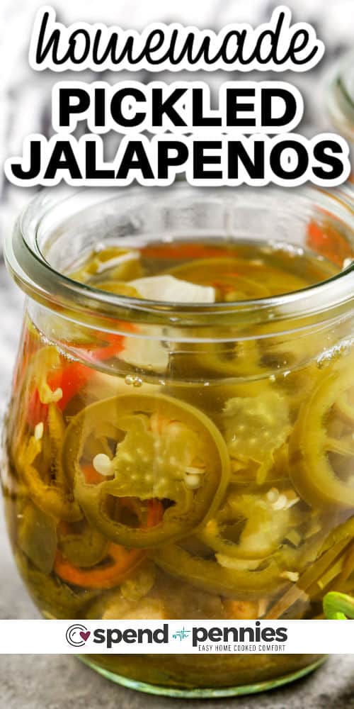 Transform your meals with quick pickled jalapenos! Start by slicing whole jalapenos, choose your spice level by retaining or removing the seeds. Balance the heat with sweet peppers, and add crunchy thinly sliced carrots and onions. Layer them in a canning jar with garlic and extra fresh dill for a flavor explosion. Elevate your dishes effortlessly! #pickledjalapenos #pickledjalapenorecipe #recipe #spendwithpennies homemade Quick Pickled Jalapenos in a jar with writing