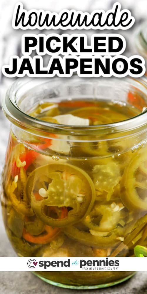 homemade Quick Pickled Jalapenos in a jar with writing