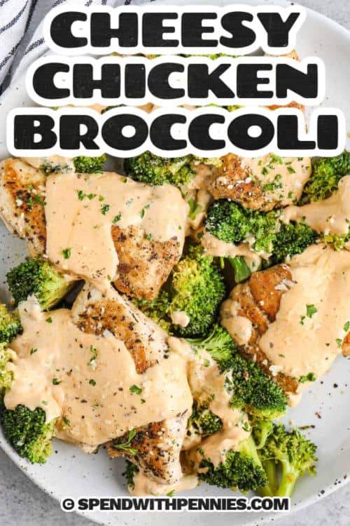 plated Cheesy Chicken Broccoli with a title