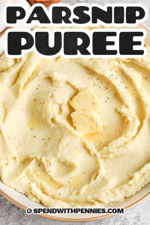 Create the best parsnip puree with this easy recipe. Pair it with seared scallops and roasted apples or pears for a sweet and savory delight. Or serve it in place of potatoes alongside baby carrots, sweet potatoes, or cauliflower. Make this creamy side dish that complements any dinner, especially Thanksgiving or Christmas! #parsnippuree #parsnippureerecipe #sidedish #spendwithpennies Parsnip Puree with salt and pepper and a title