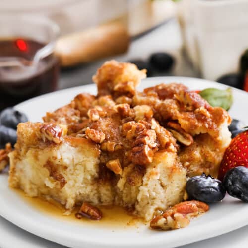 plated slice of French Toast Casserole with fruit