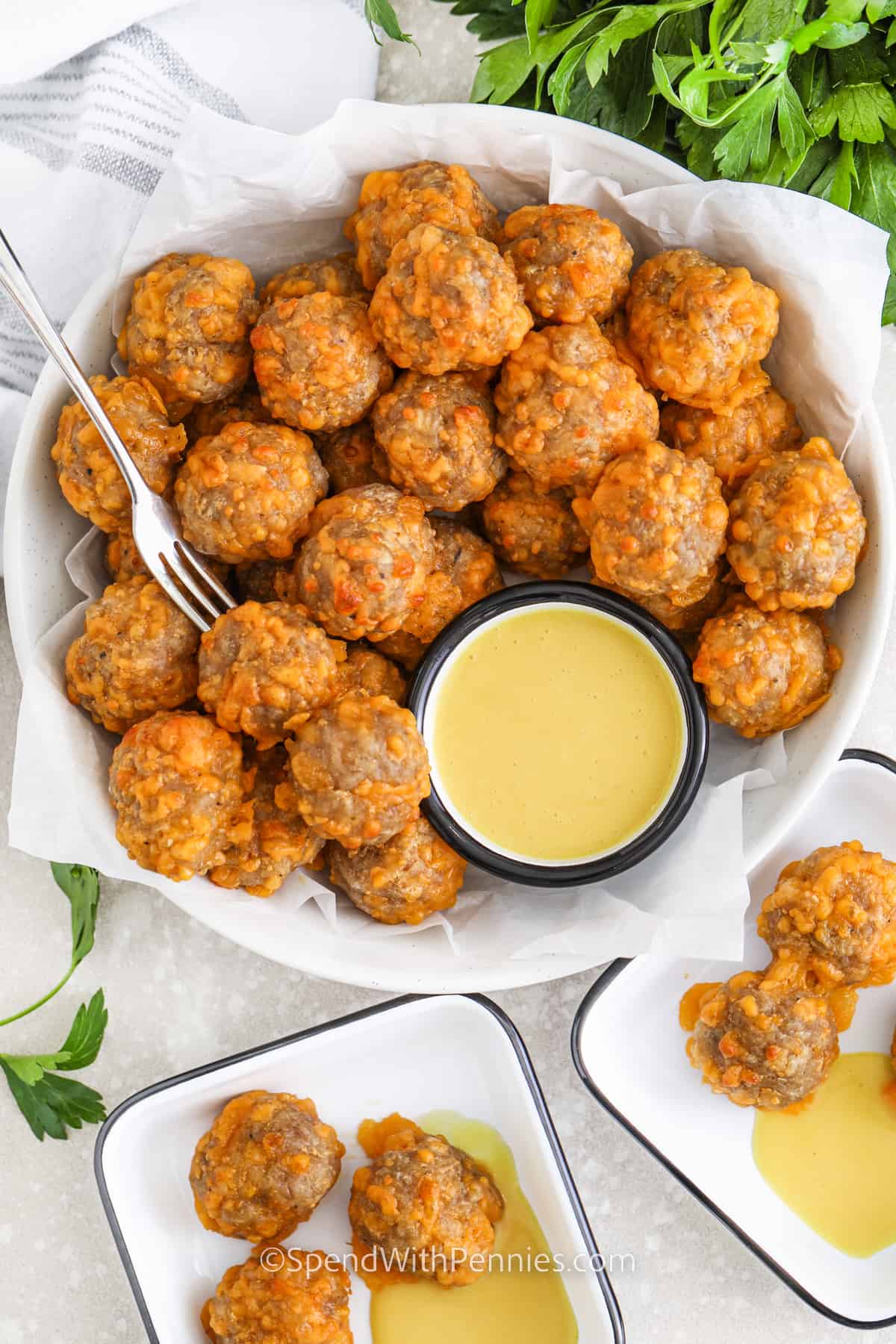 plated Sausage Balls with sauce