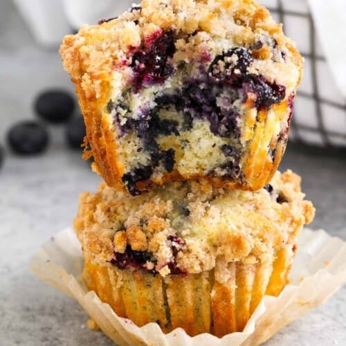 Blueberry muffins with a streusel topping stacked