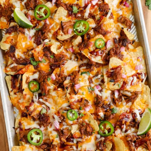 cheesy Pulled Pork Nachos on a sheet pan