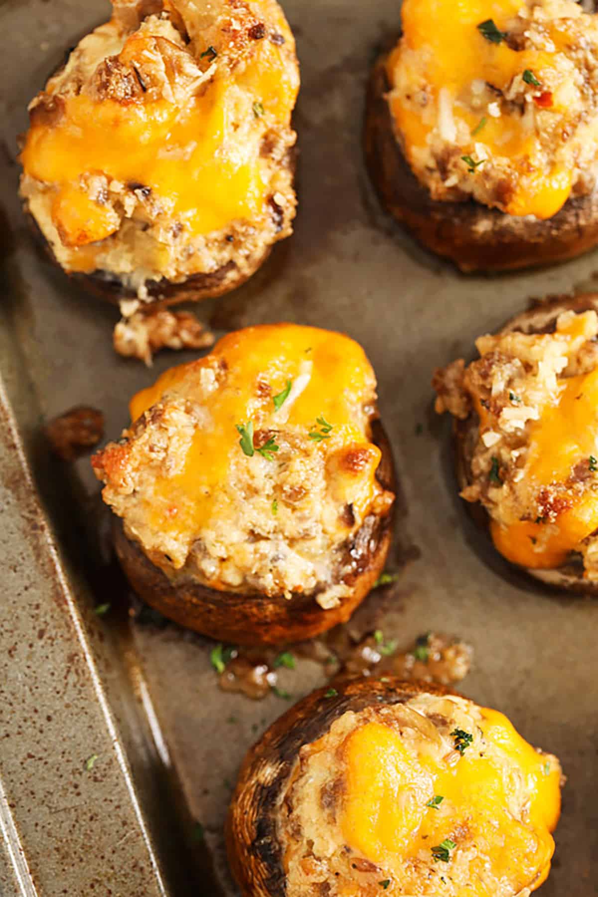 sheet pan of Sausage Stuffed Mushrooms