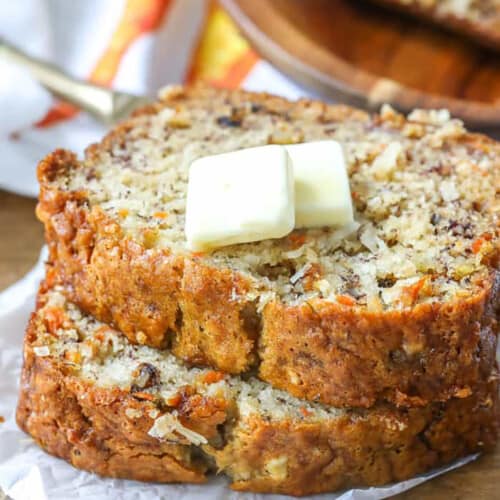 Carrot Banana Bread with coconut and walnut with butter