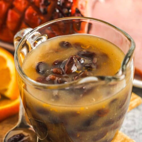 Raisin Sauce for Ham in a glass pitcher