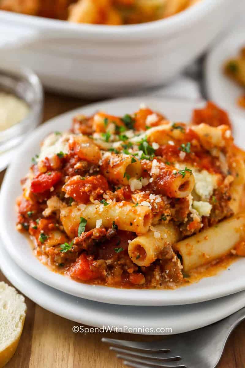 cheesy Easy Baked Ziti on a plate