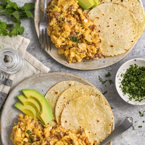 top view of plated Chorizo and Eggs
