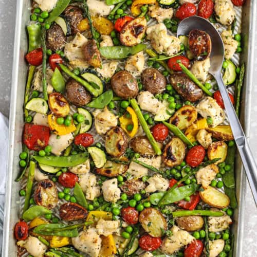 Sheet Pan Chicken and Veggies with a spoon
