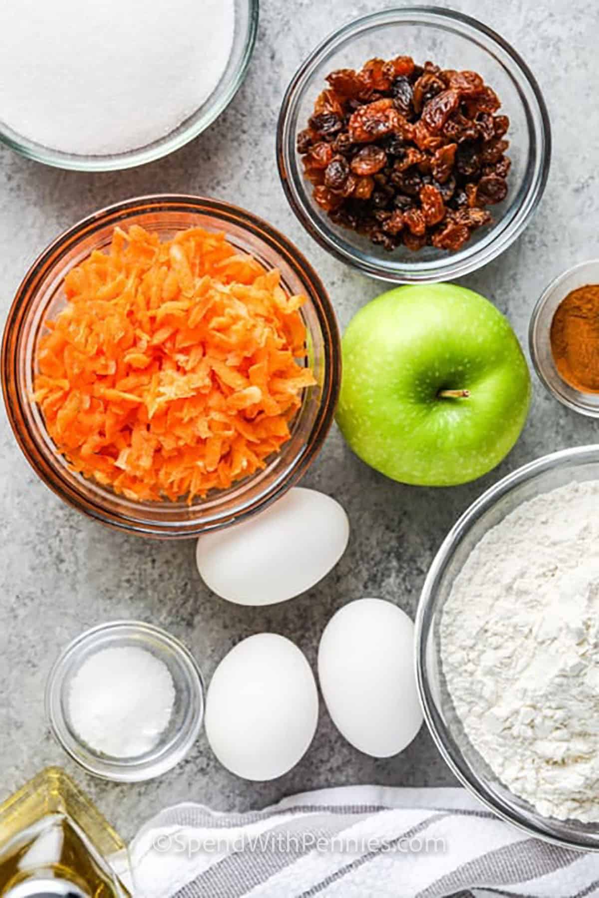 ingredients in bowls to make Carrot Muffins