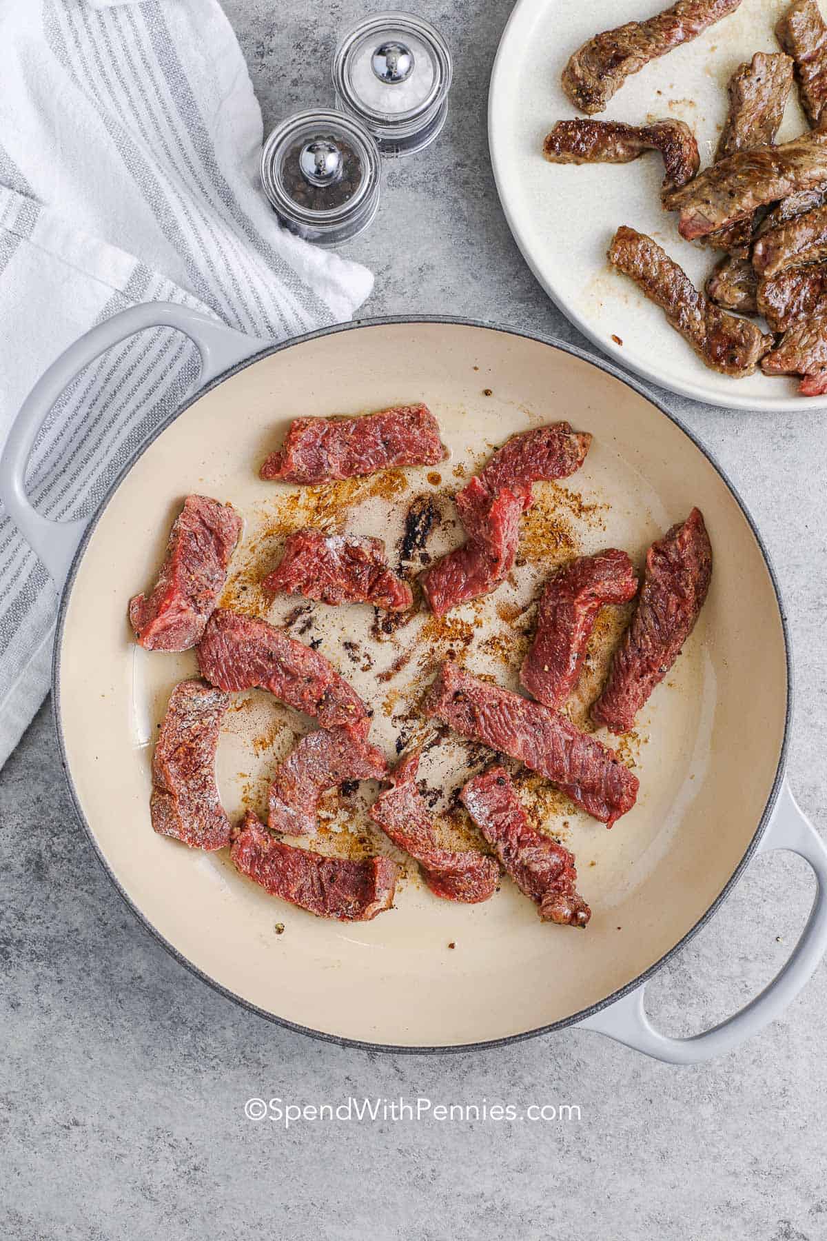 Browning strips of beef for beef stroganoff