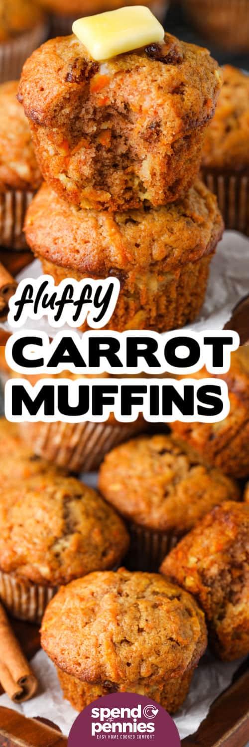 fluffy Carrot Muffins on a wooden board and some in a stack with a title