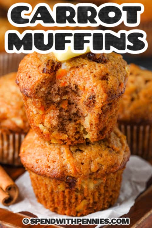 Carrot Muffins in a stack with a bite taken out of the top one with a title