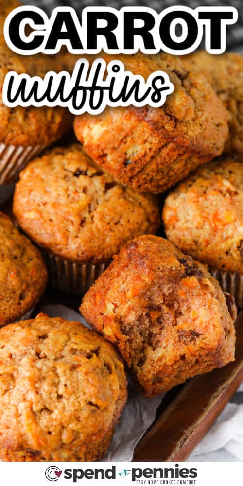 Carrot Muffins on a wooden board with writing