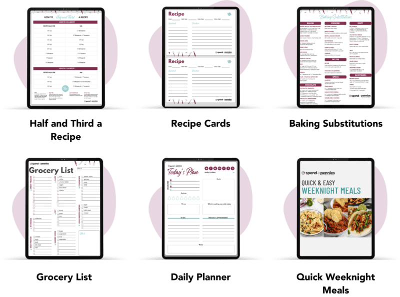 kitchen tip documents - half and third a recipe, recipe cards, baking substitutions, grocery list, daily planner, and Quick Weeknight Meals ebook