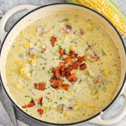 pot of Easy Homemade Corn Chowder with bacon on top