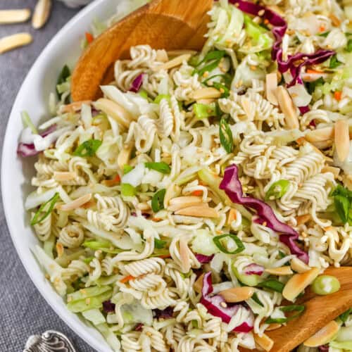 mixing Ramen Noodle Salad in a bowl