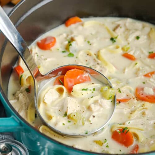 Creamy Chicken Noodle Soup in the pot with a ladle