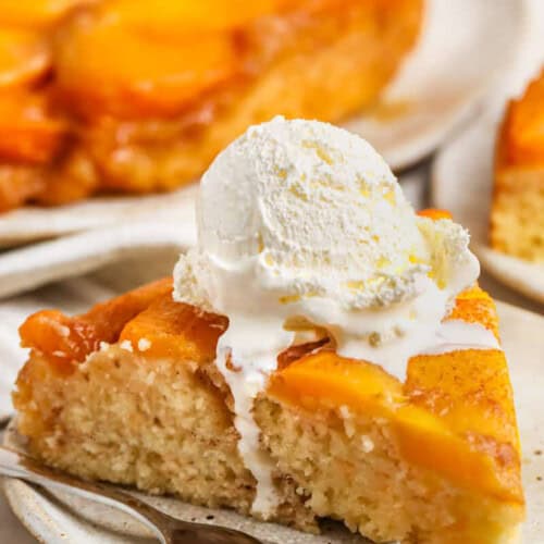 slice of Peach Upside Down Cake with ice cream